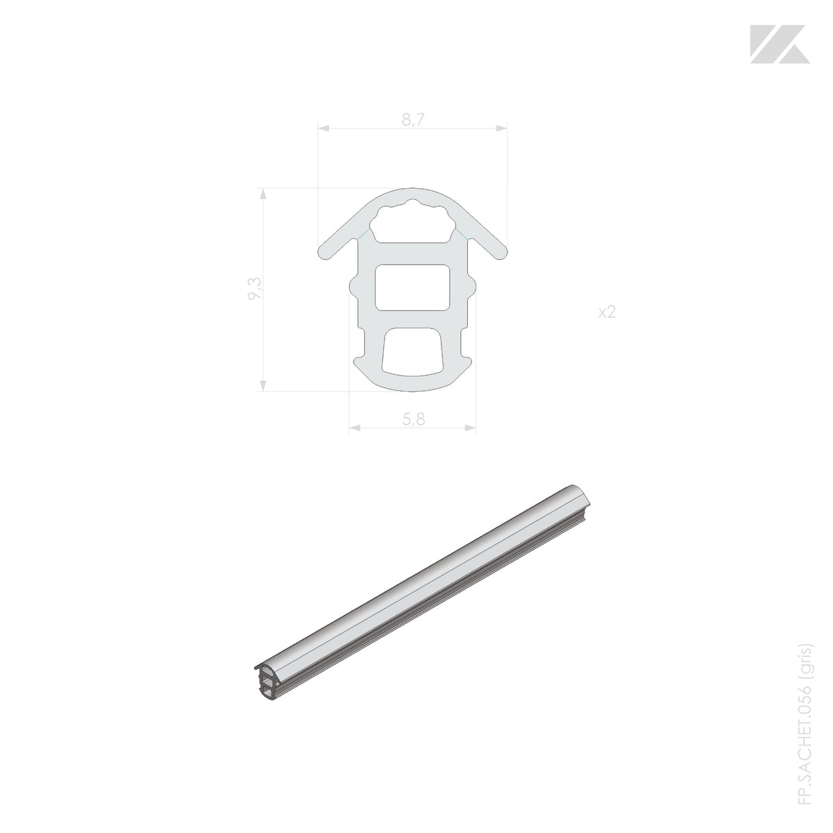 2 joints amortisseurs - Coulissant| Pivotant Alu - Gris - 2800 mm à recouper