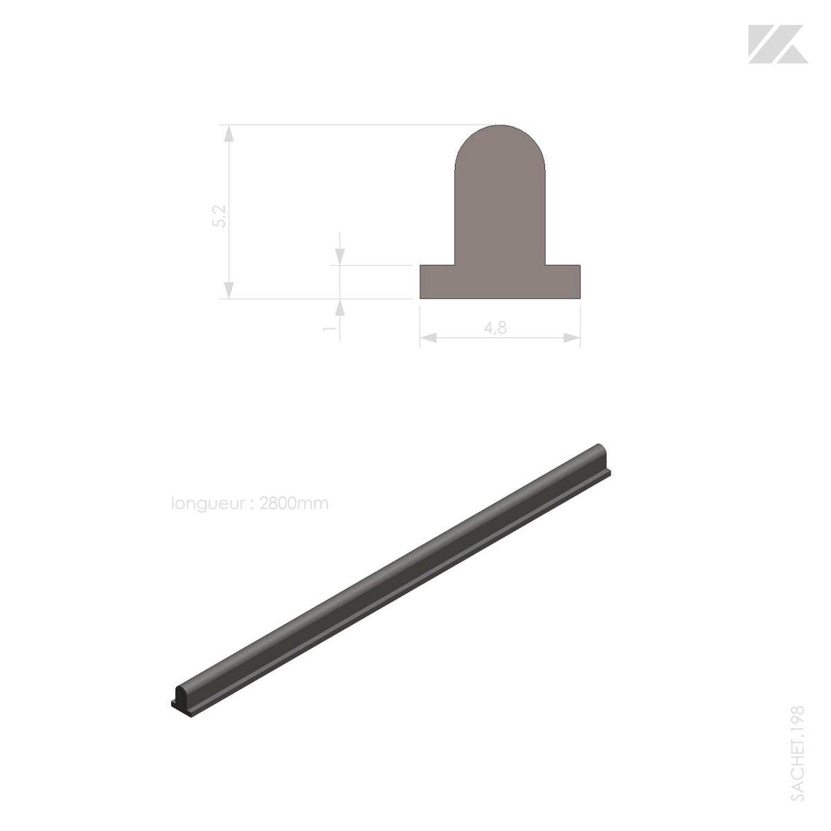 1 joint amortisseurs P56 - Coulissant Alu - Noir - 2800mm